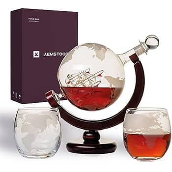 Kemstood Globe Whiskey Decanter Set - Etched World Design with Wood Stand & 2 Glass