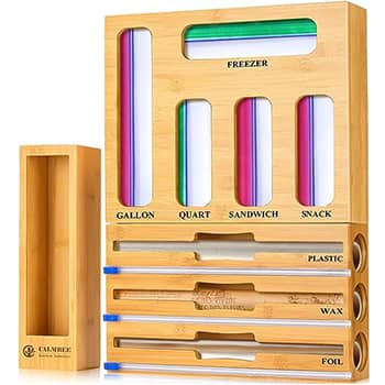 Calmbee Plastic Wrap Dispenser with Cutter and Ziplock Bag organizer