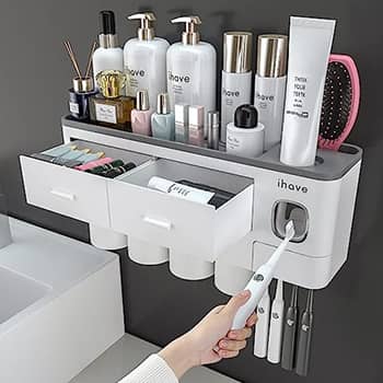 iHave Toothbrush Holders for Bathrooms, 4 Cups Toothbrush Holder Wall Mounted with Toothpaste Dispenser