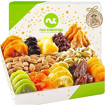 Nut Cravings Gourmet Collection - Dried Fruit & Mixed Nuts Gift Basket in White Gold Box (12 Assortments)
