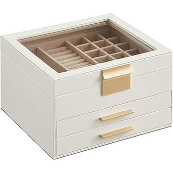 SONGMICS Jewelry Box with Glass Lid, 3-Layer Jewelry Organizer