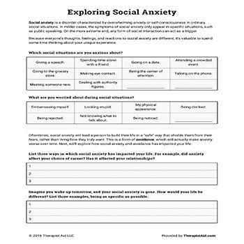 Exploring Social Anxiety | Worksheet | Therapist Aid